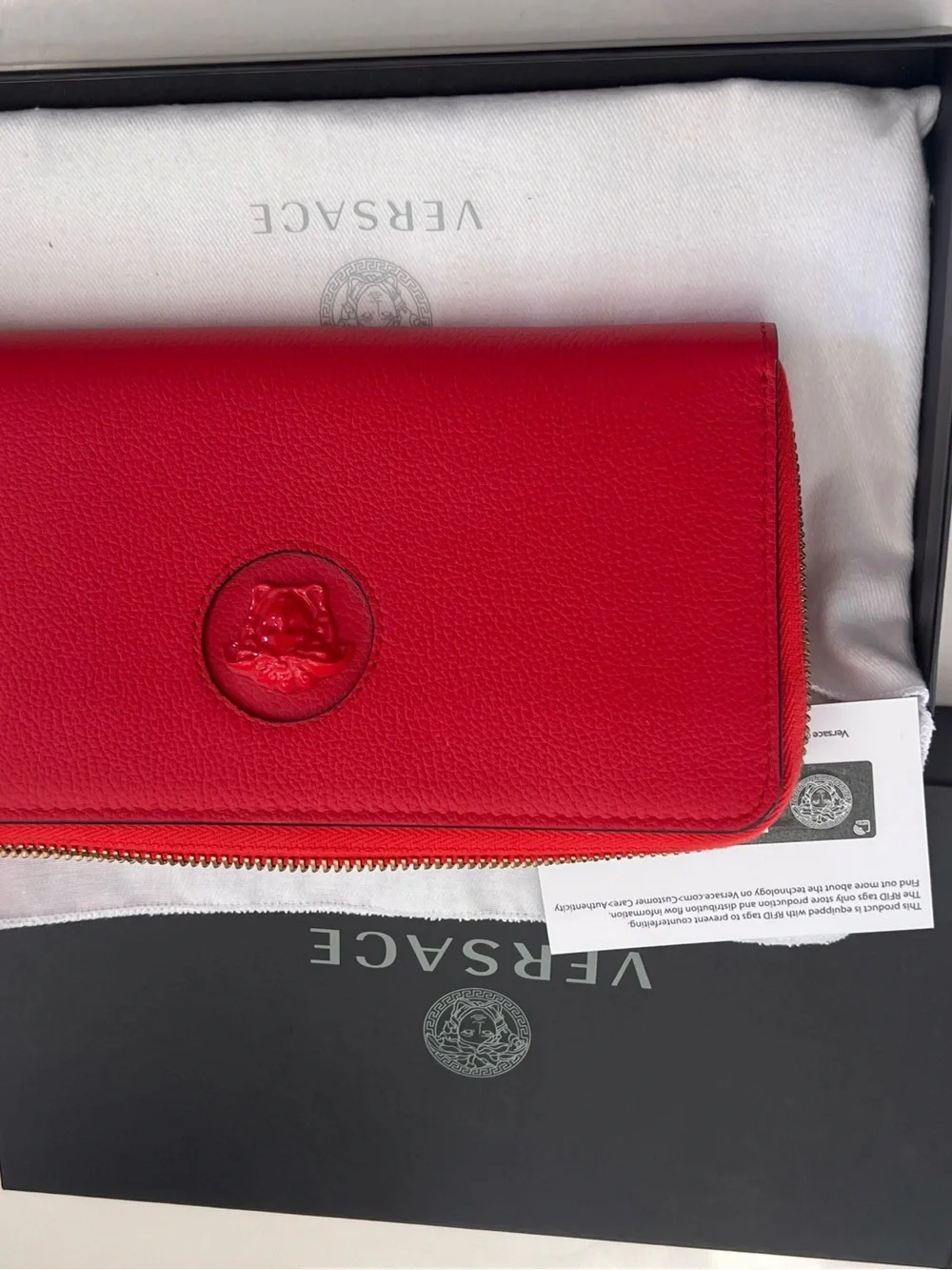 Versace Red Pebbled Leather Zip Wallet with Embossed Medusa